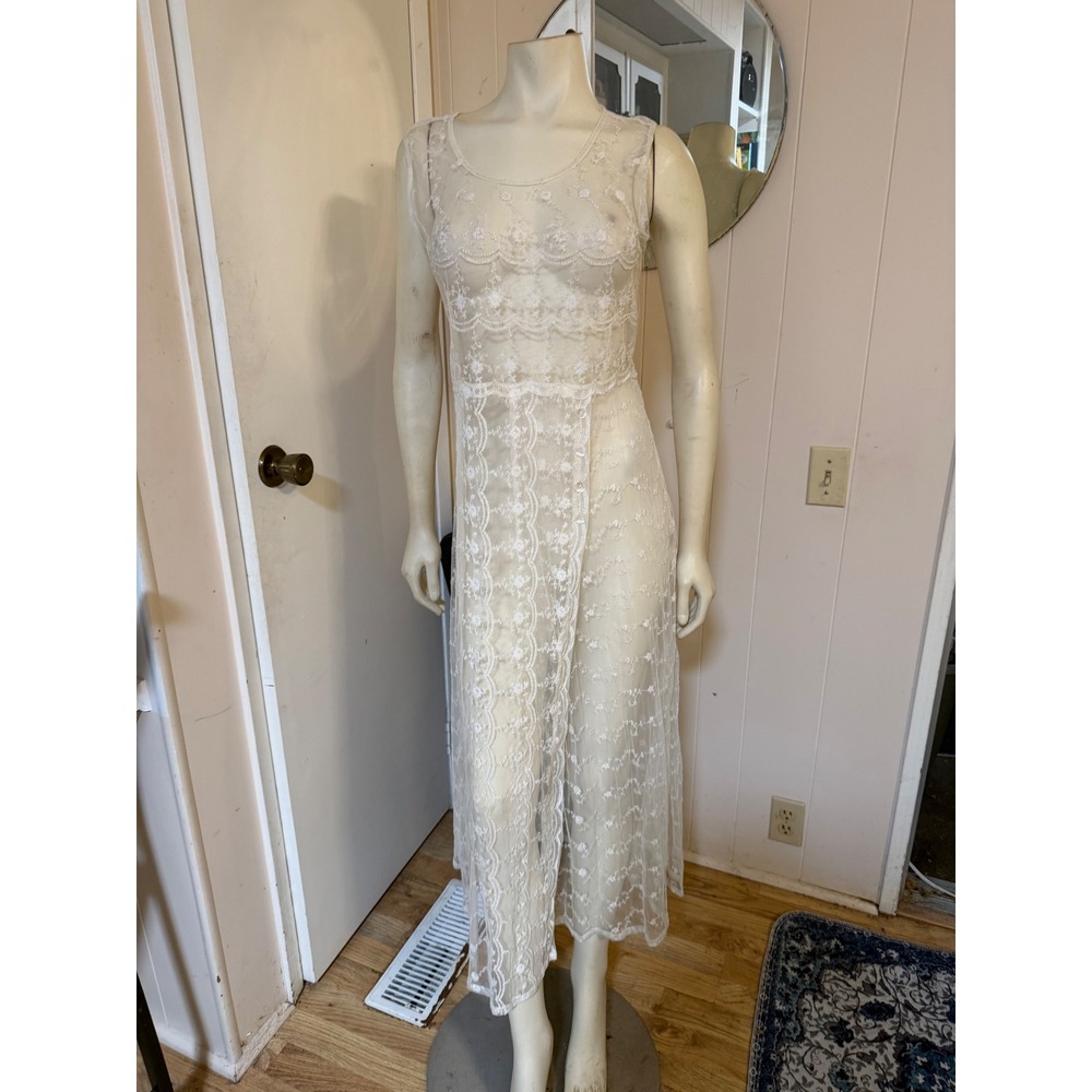 April Cornell Sheer Lace Maxi Dress pinnafore Cream Floral Sleeveless Boho M
